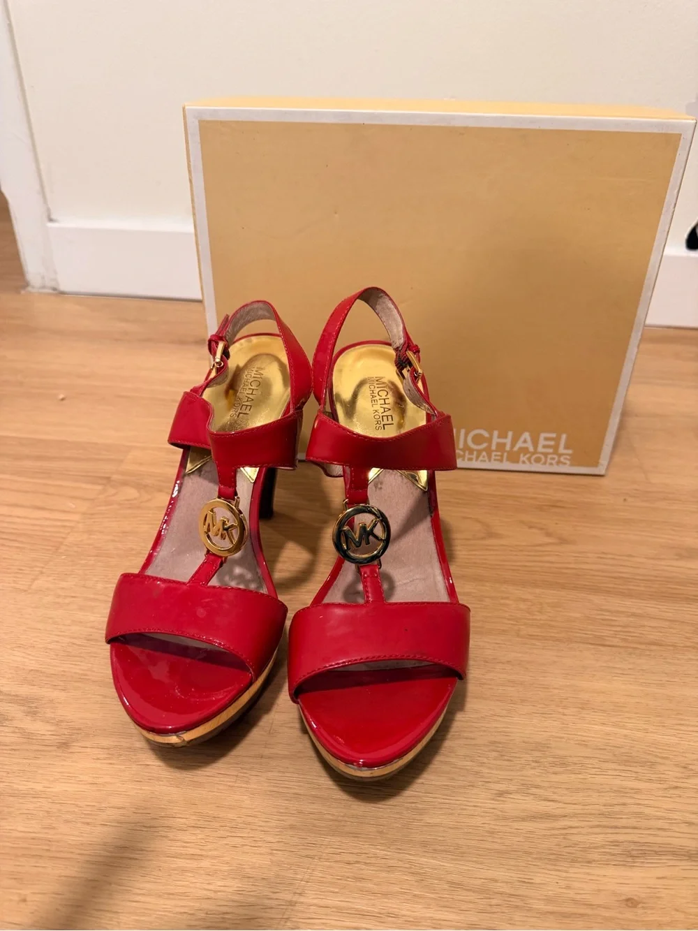 Michael Kors Red Patent Leather T-Strap Slingback Heels with Gold Logo